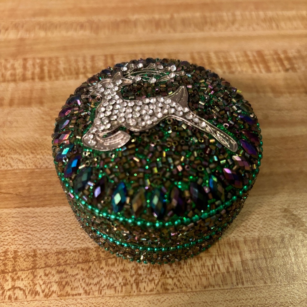 Green and Jewel Toned Beaded and Clear Rhinestone Reindeer Gift Box Small